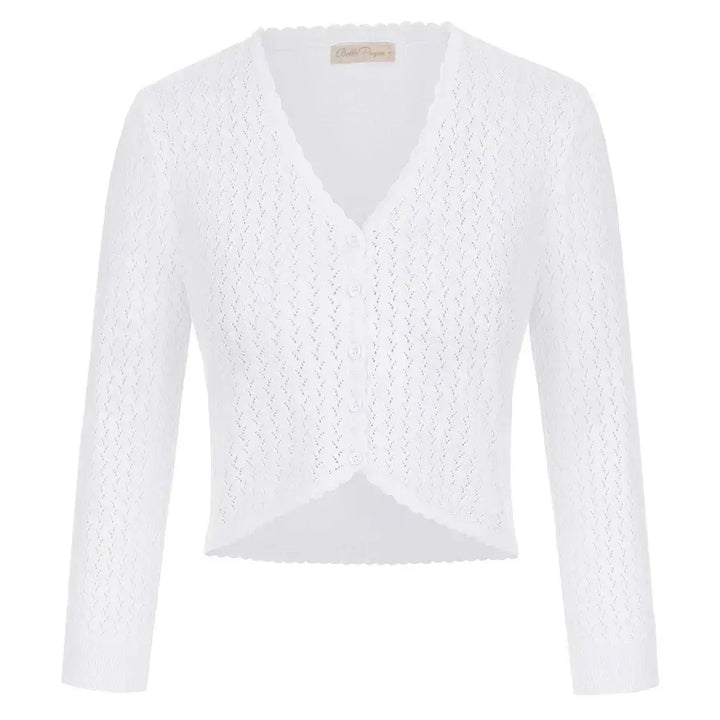 Vintage-inspired white knit bolero, 3/4 sleeve slim fit shrug with V-neckline and button details.