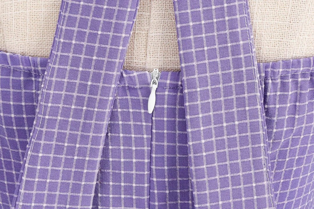Vintage Lavender Halter Swing Dress with Pockets back detail showing zipper and halter straps.