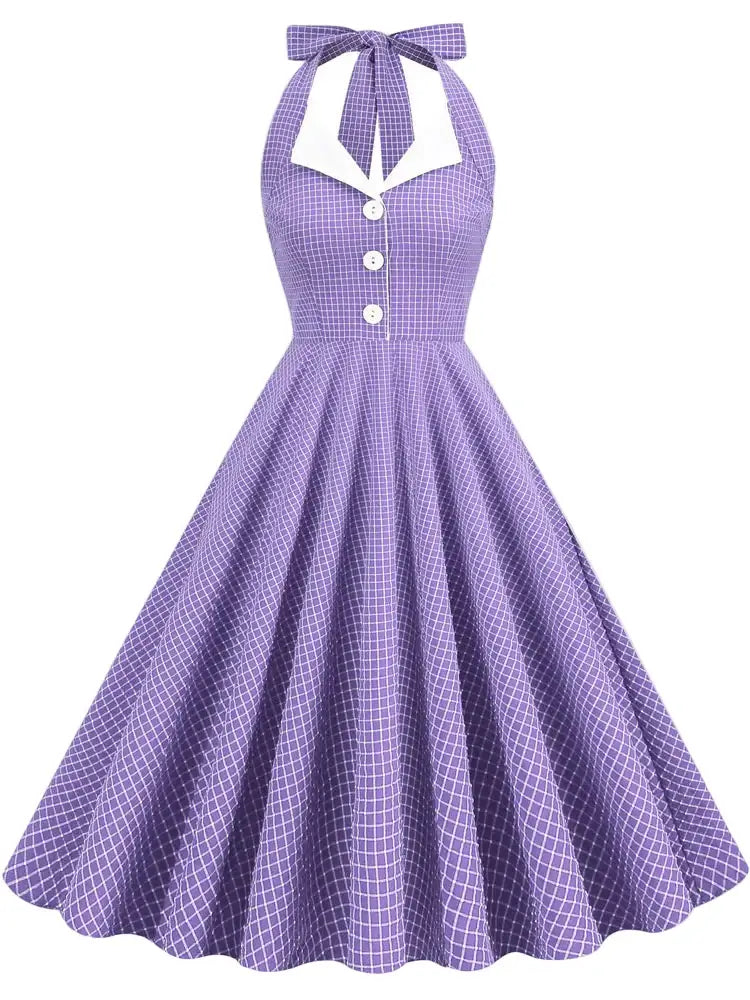 Vintage Lavender Halter Swing Dress with Pockets in a playful check pattern and flattering A-line silhouette.