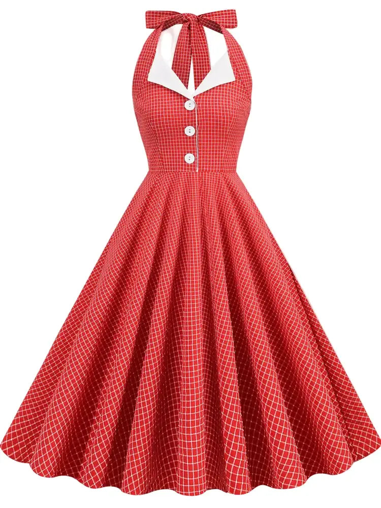 Vintage Red Halter Swing Dress with Pockets featuring a playful check pattern and flattering A-line silhouette.