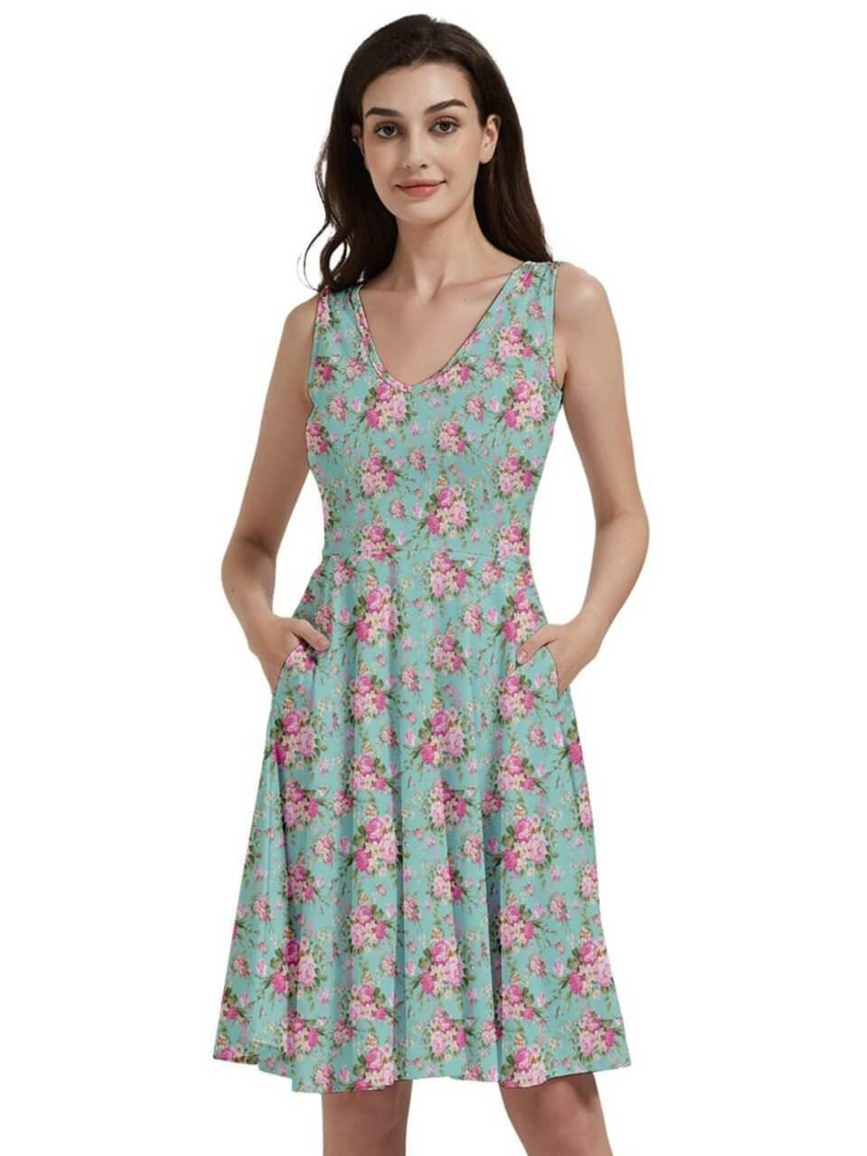 Vintage Roses V-Neck Skater Dress with Pockets