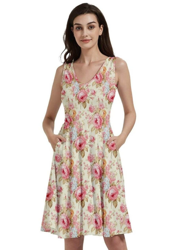 Vintage Roses V-Neck Skater Dress with Pockets