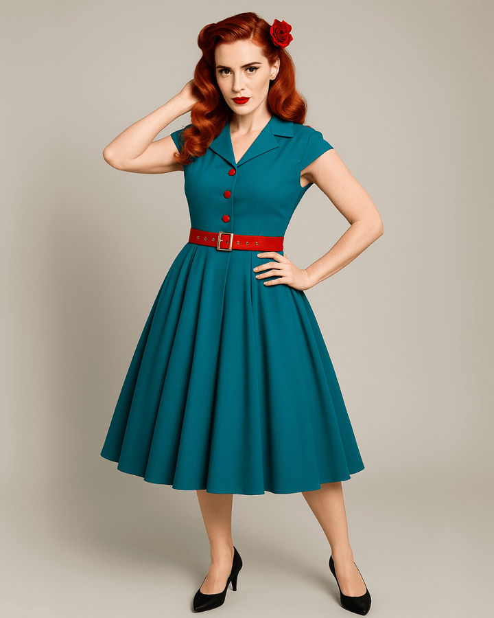 Vintage Teal Swing Dress With Pockets showcased on model with red belt and flower accessory.