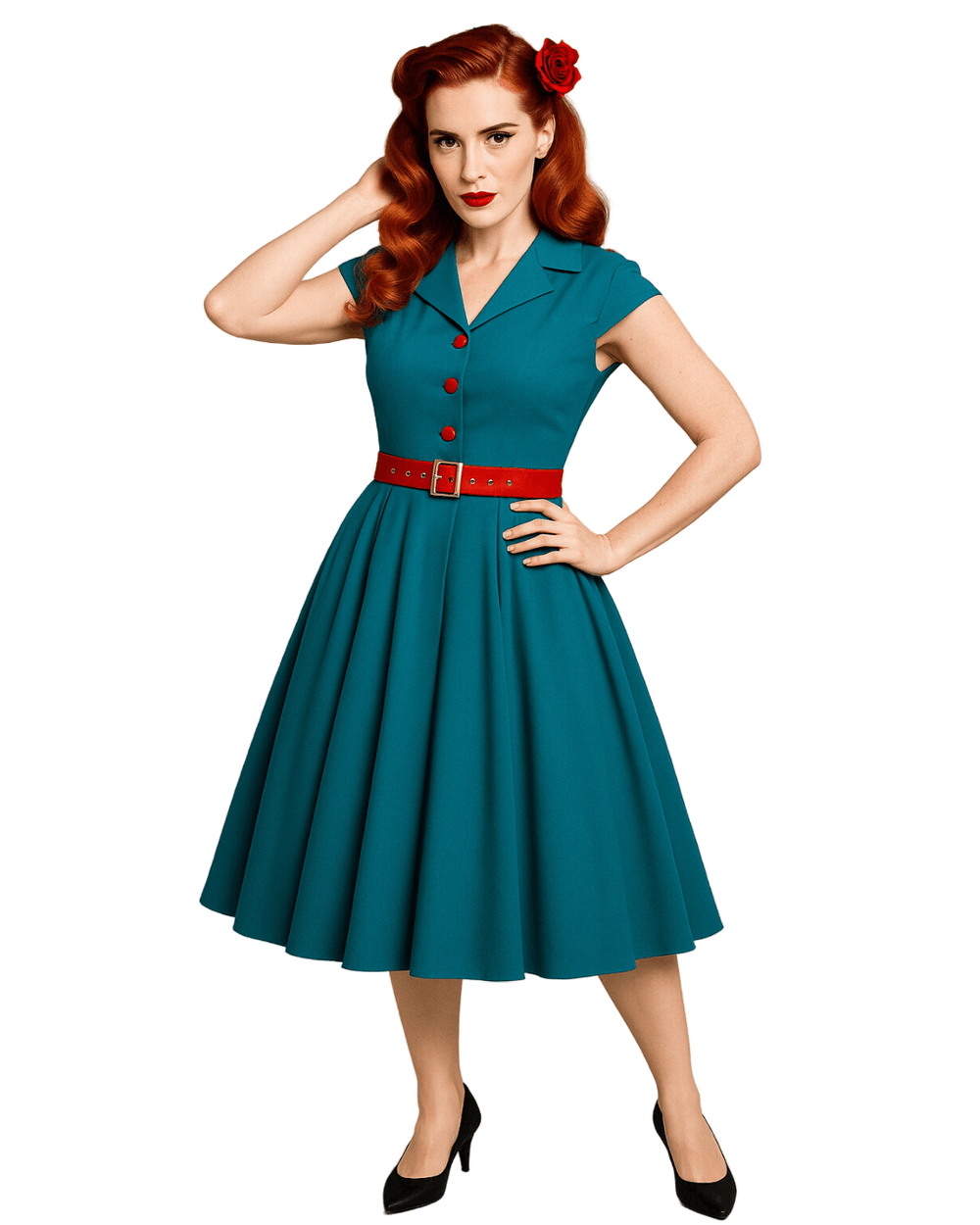 Model wearing a teal vintage dress with short sleeves and red belt styled in a classic pin-up look
