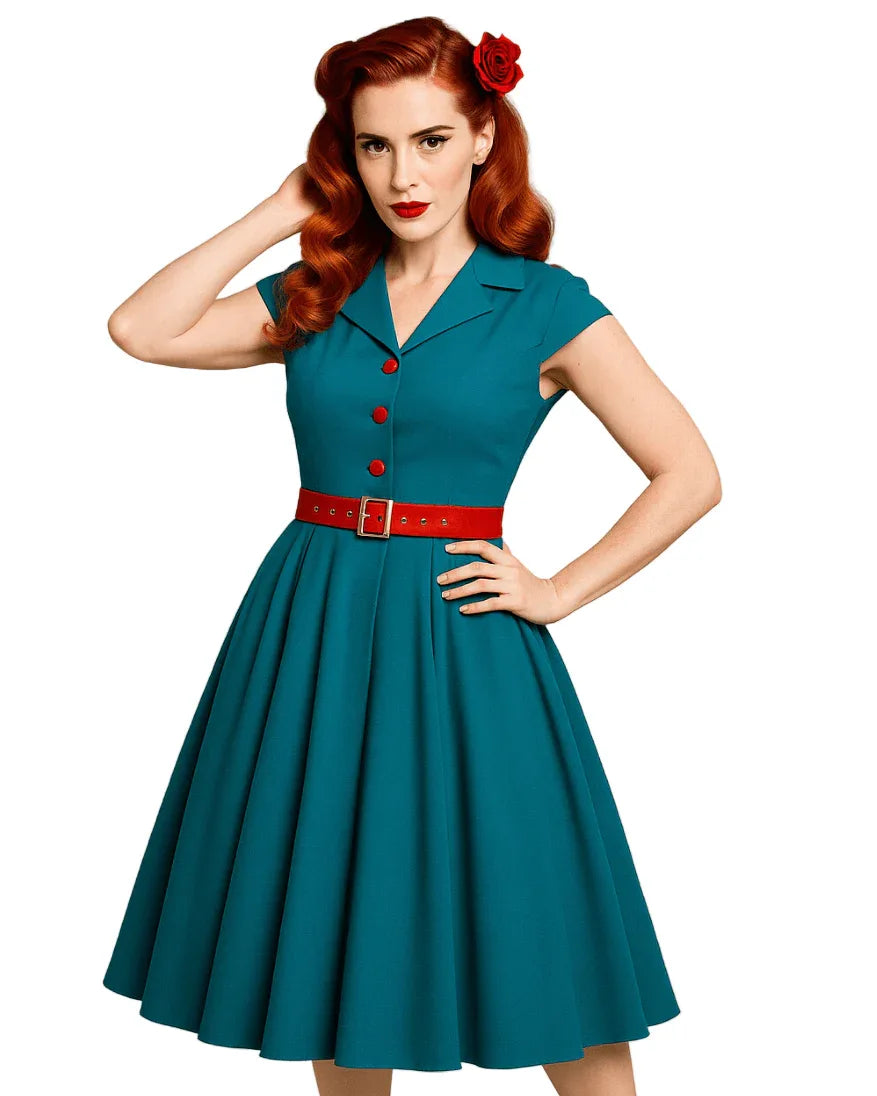 Teal vintage-style women’s fit and flare dress with short sleeves, button front and red belt
