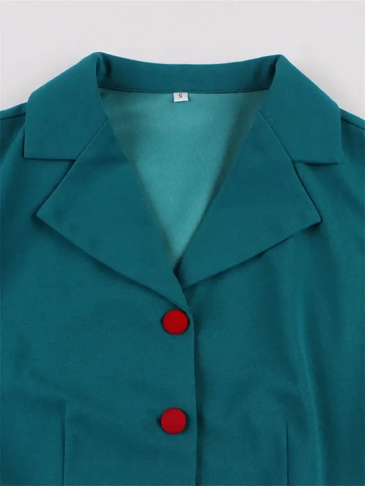 Vintage Teal Swing Dress With Pockets collar and red buttons detail