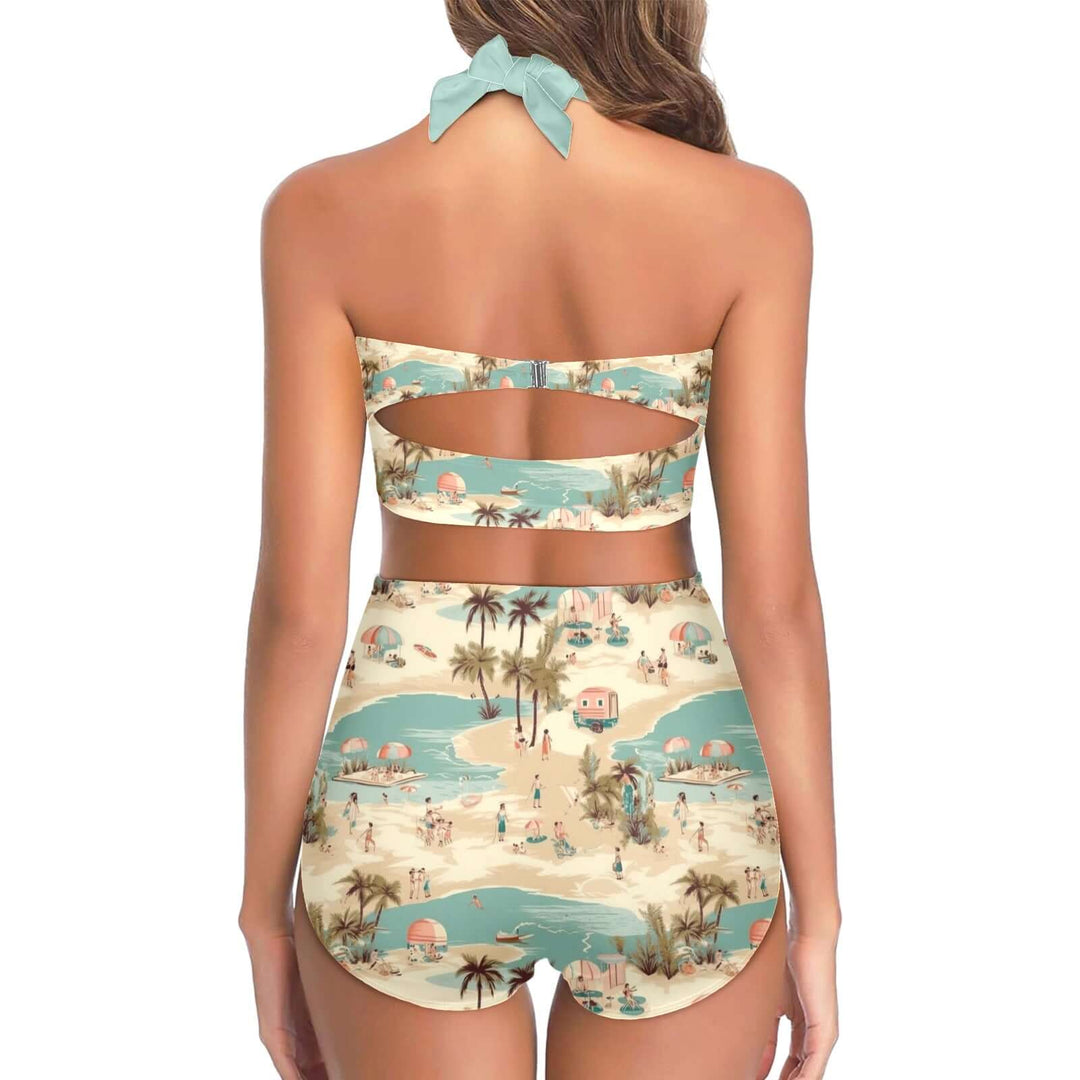 Vintage Vacation High Waist Bikini featuring a retro beach scene and high-waisted design, perfect for stylish summer days.
