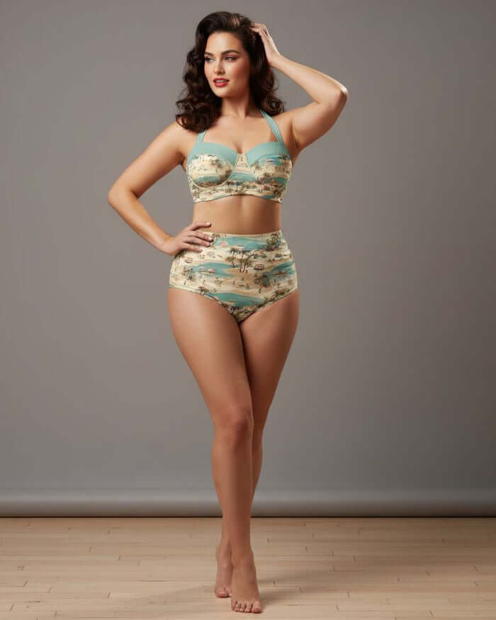 Vintage Vacation High Waist Bikini showcasing a retro 1950s inspired design, ideal for sunbathing and swimming.