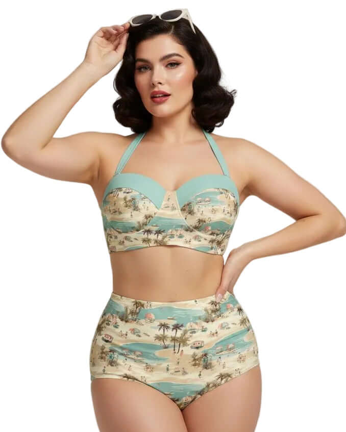 Vintage Vacation High Waist Bikini worn by a model, showcasing a retro 1950s beach style with tropical patterns.