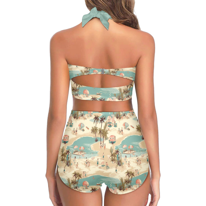 Back view of a woman in a Vintage Vacation High Waist Bikini featuring a retro beach print and halter tie detail.
