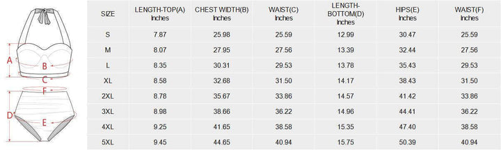 Size chart for Vintage Vacation High Waist Bikini Separates, detailing measurements for various sizes.
