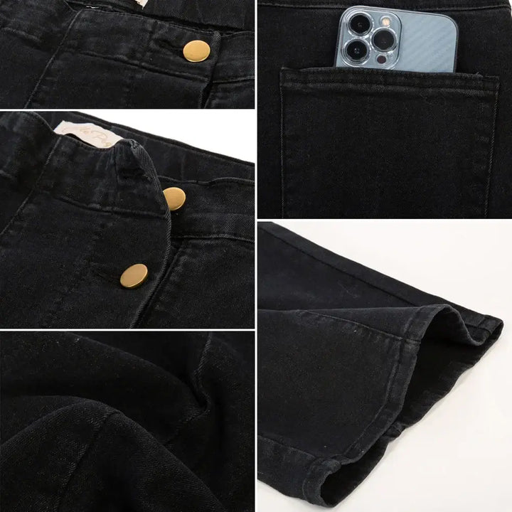 Vintage Wide-Leg Jeans [IN STOCK] close-up details, featuring buttons and pocket accommodating a smartphone.