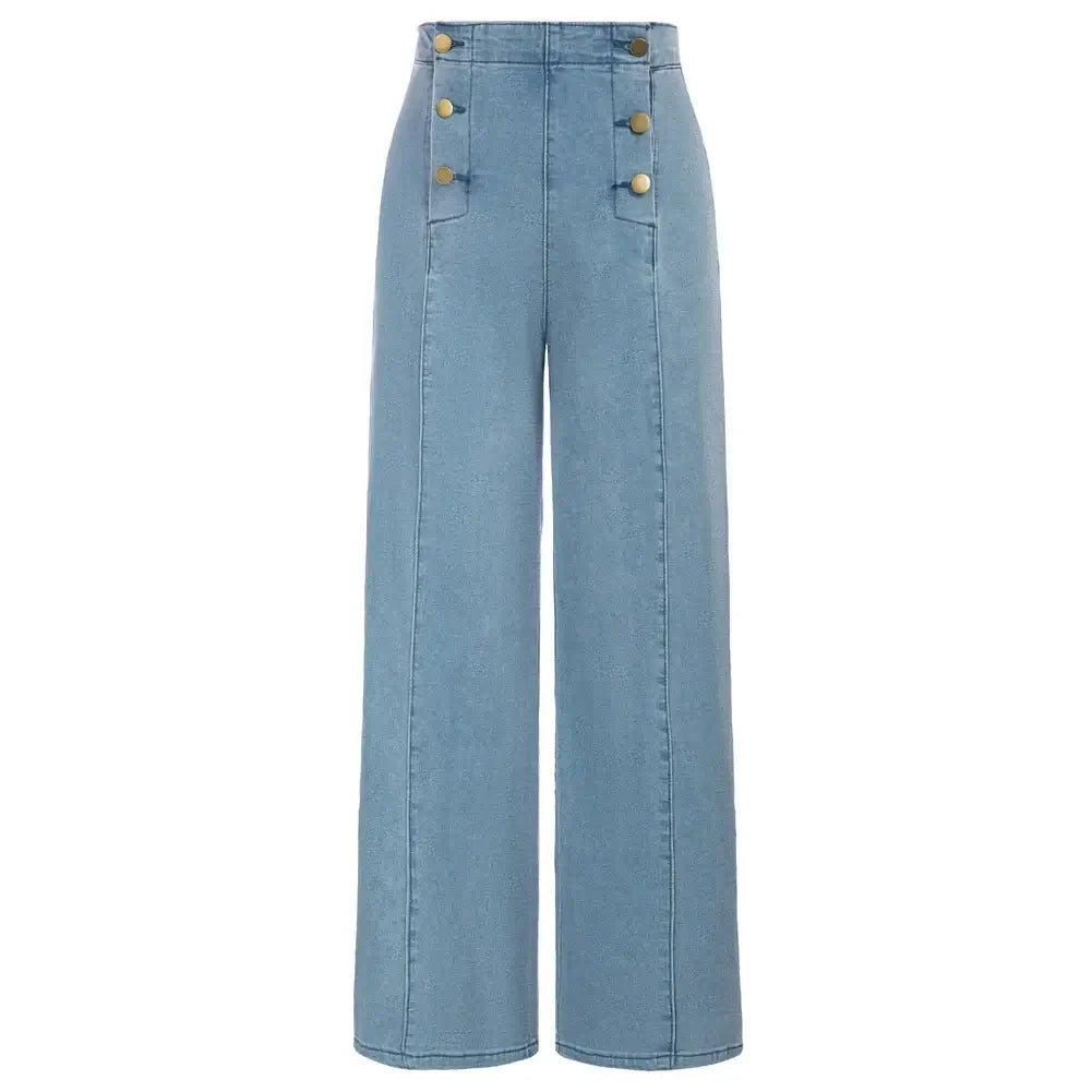 Vintage Wide-Leg Jeans [IN STOCK] showcasing high-waisted design with button-up front and wide legs in light blue denim.