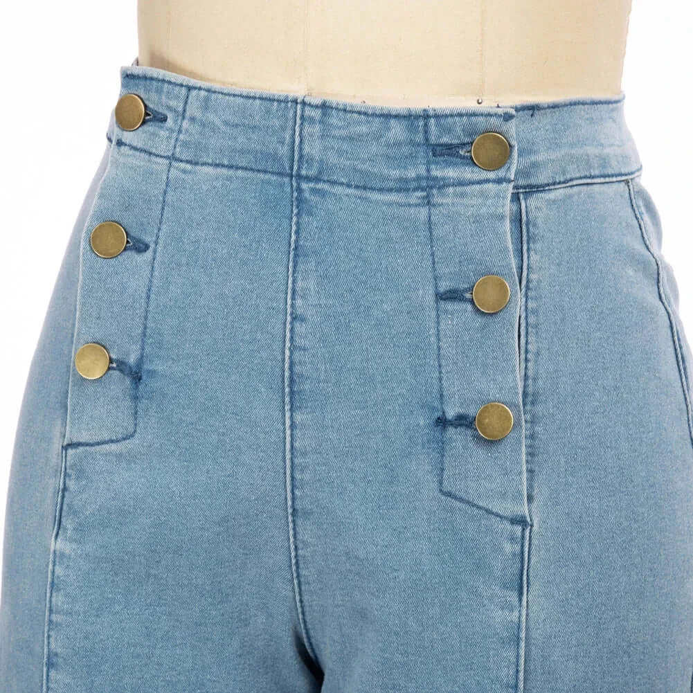 Vintage Wide-Leg Jeans [IN STOCK] featuring high-waisted design and classic button-up front in soft medium-stretch denim.