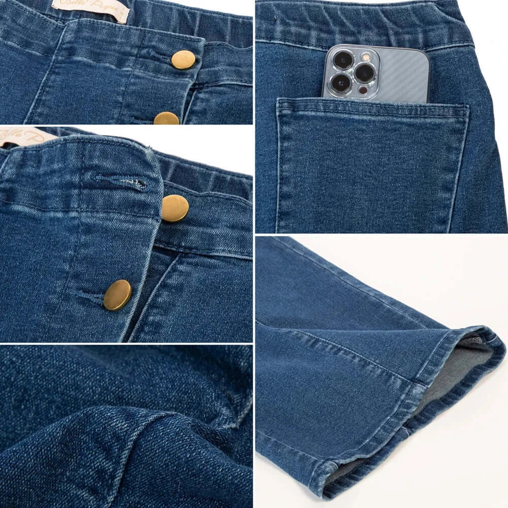 Vintage Wide-Leg Jeans [IN STOCK] close-up details of button closure and pocket featuring sleek, medium-stretch denim fabric.