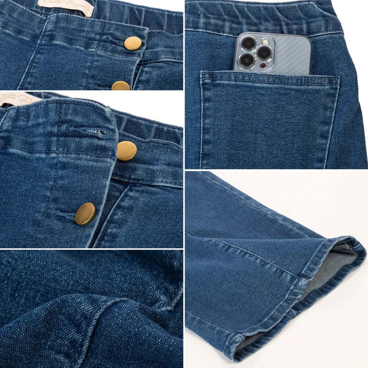 Vintage Wide-Leg Jeans [IN STOCK] close-up details of button closure and pocket featuring sleek, medium-stretch denim fabric.