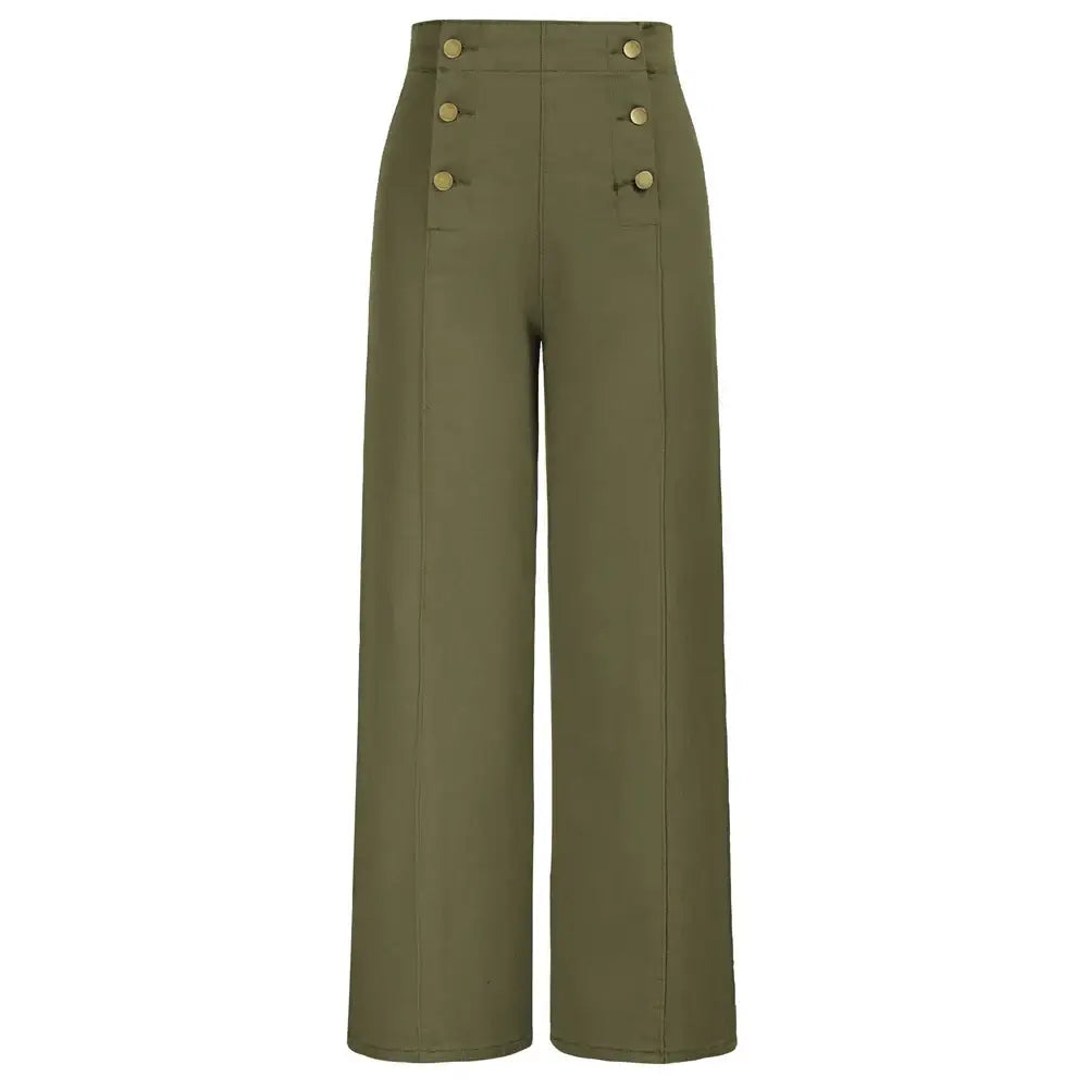 Vintage Wide-Leg Jeans [IN STOCK] featuring a high waist and button-up front in olive green for a classic vintage style.