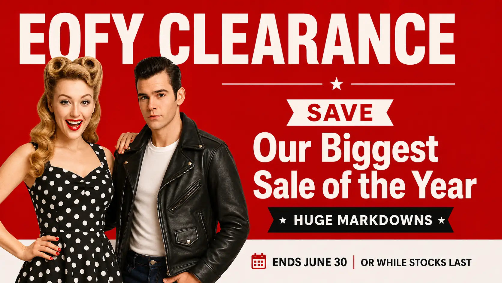 Vintage-style advertisement with a man and woman posing against a red background, featuring text about Poison Arrow Retro EOFY clearance sale.