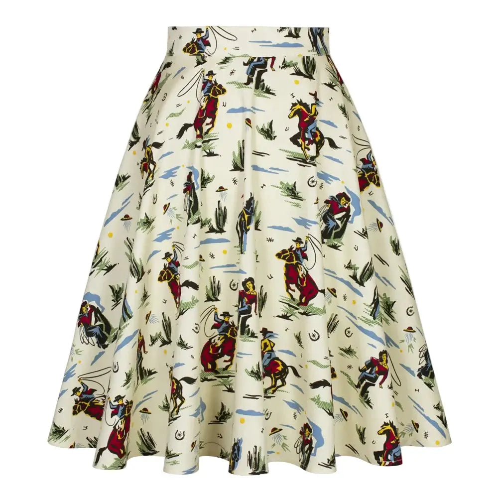 Western Cowboy Flared Skirt featuring a playful print of cowboys riding horses in a charming vintage style.