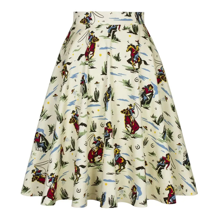 Western Cowboy Flared Skirt featuring a playful print of cowboys riding horses in a charming vintage style.