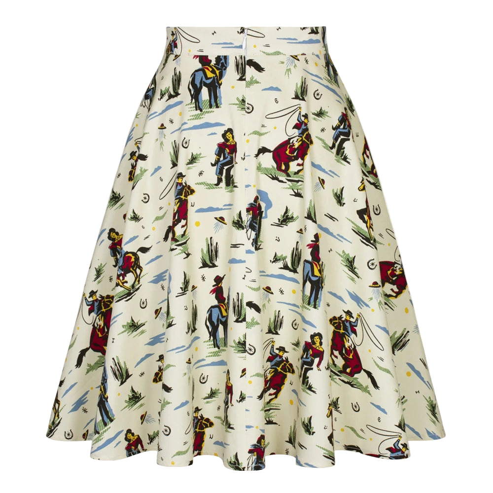 Skirt with cowboy pattern on a white background, brand 'sisHion' visible.