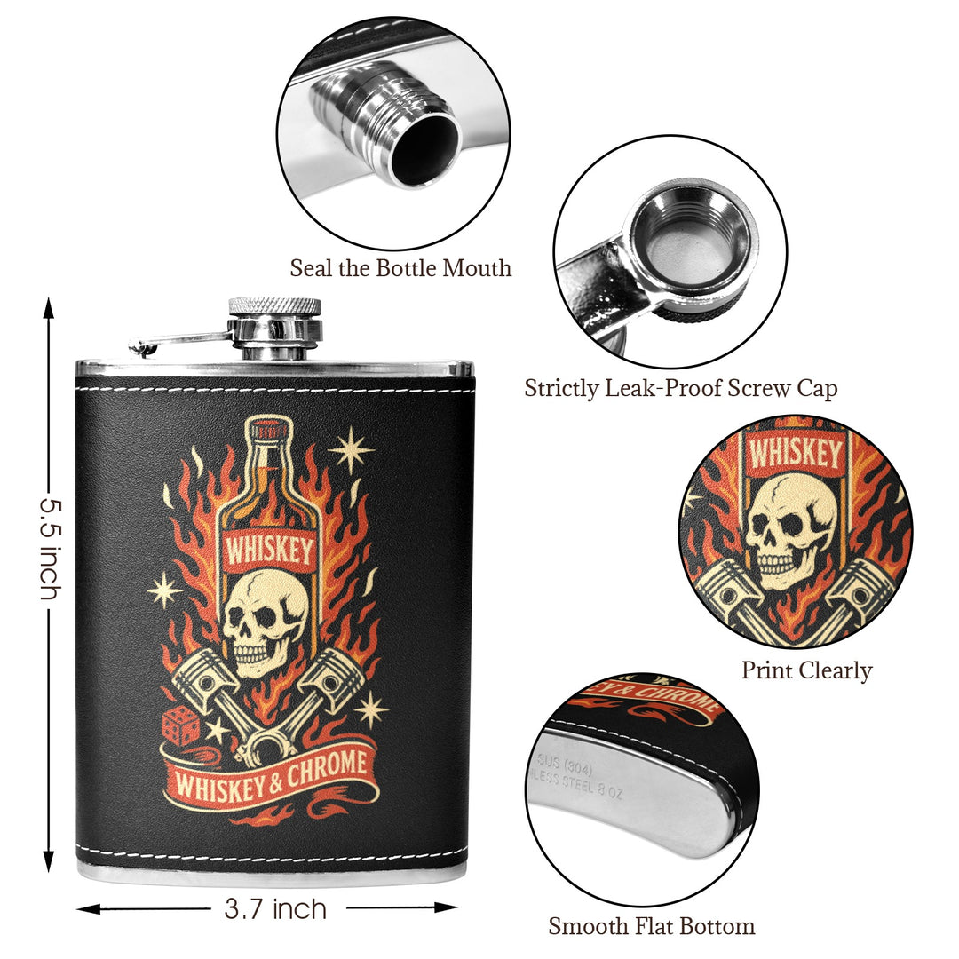 Whiskey & Chrome 8 oz black hip flask with skull design, featuring leak-proof cap and smooth flat bottom, available in Australia.