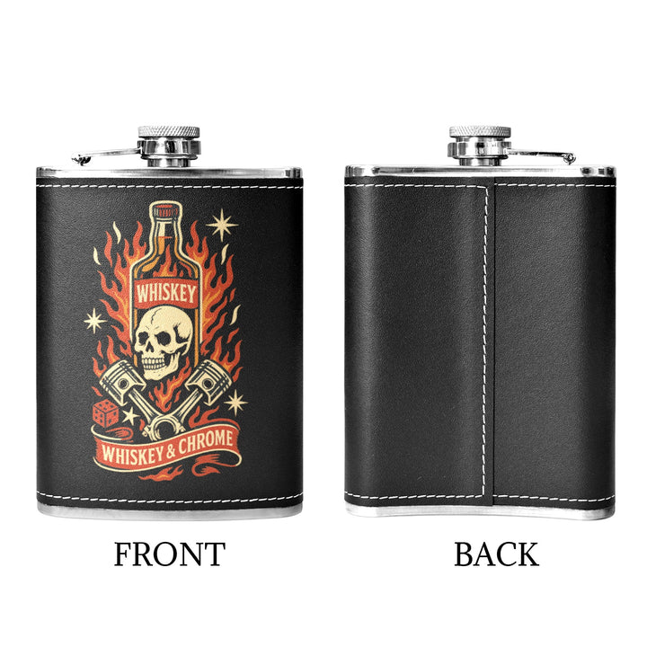 Black hip flask with Whiskey & Chrome design, featuring skull and flames, perfect for whiskey enthusiasts in Australia.