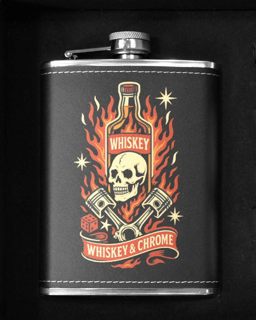 Whiskey & Chrome 8 oz black hip flask 