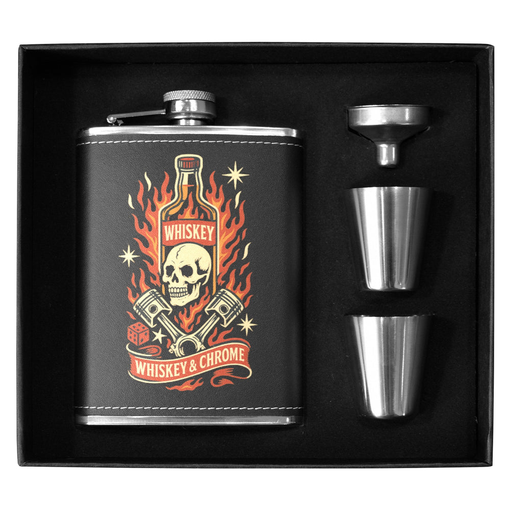 Whiskey & Chrome 8 oz black hip flask set with stainless steel shot glasses in gift box.