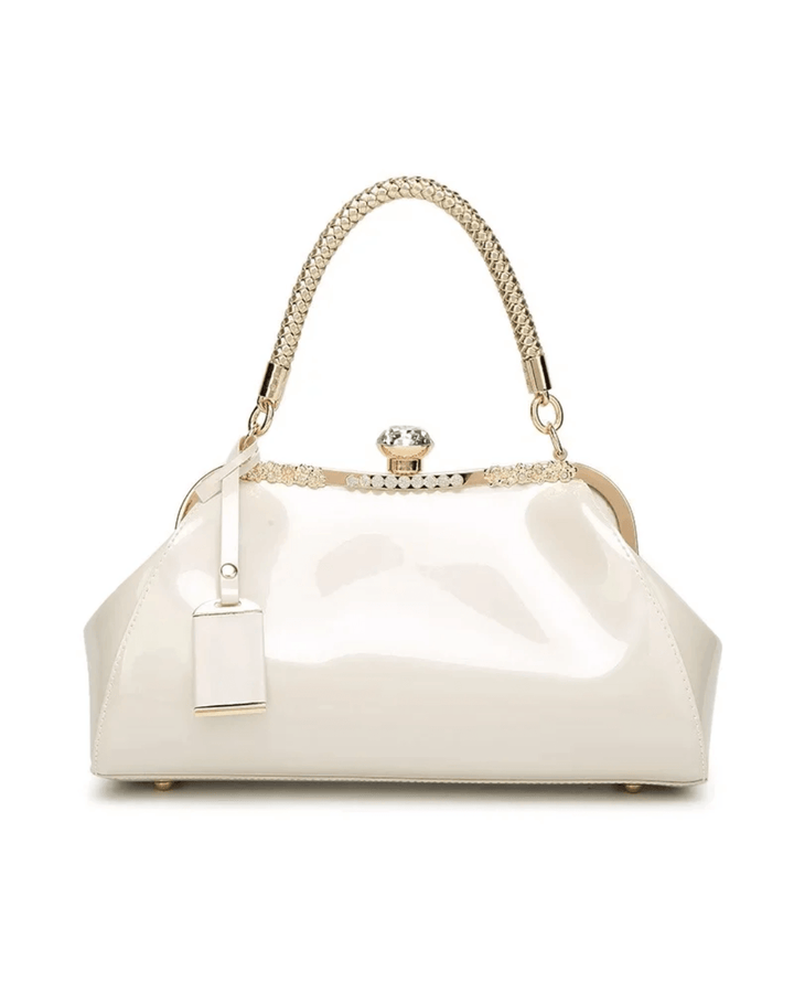 White patent women's handbag with a sleek design, braided handle, and rhinestone lock for a bold fashion statement.