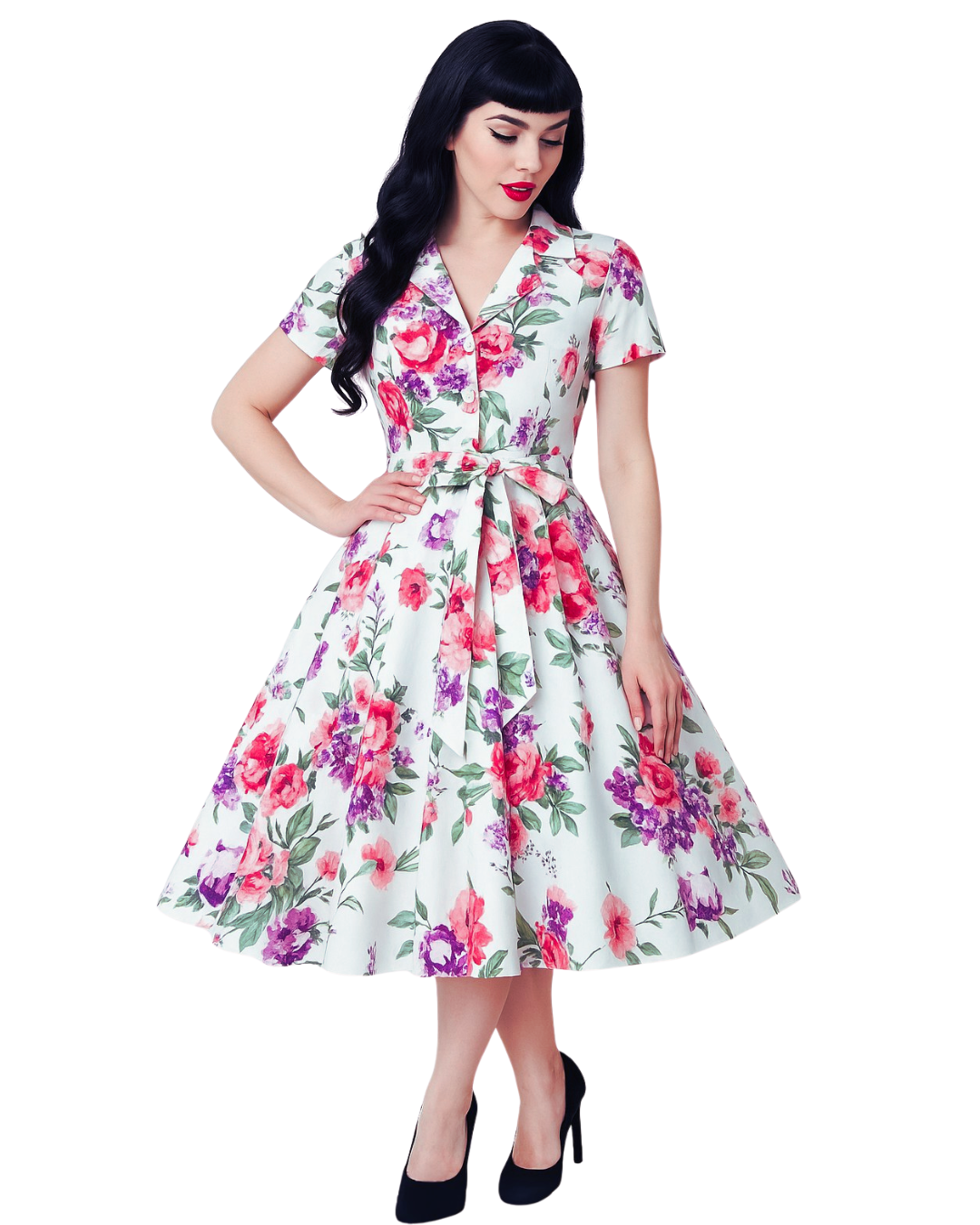 Woman wearing a floral dress on a white background