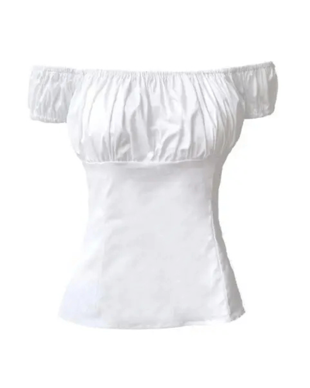 Elegant white peasant style top with off-the-shoulder design and ruched details, perfect for feminine fashion.