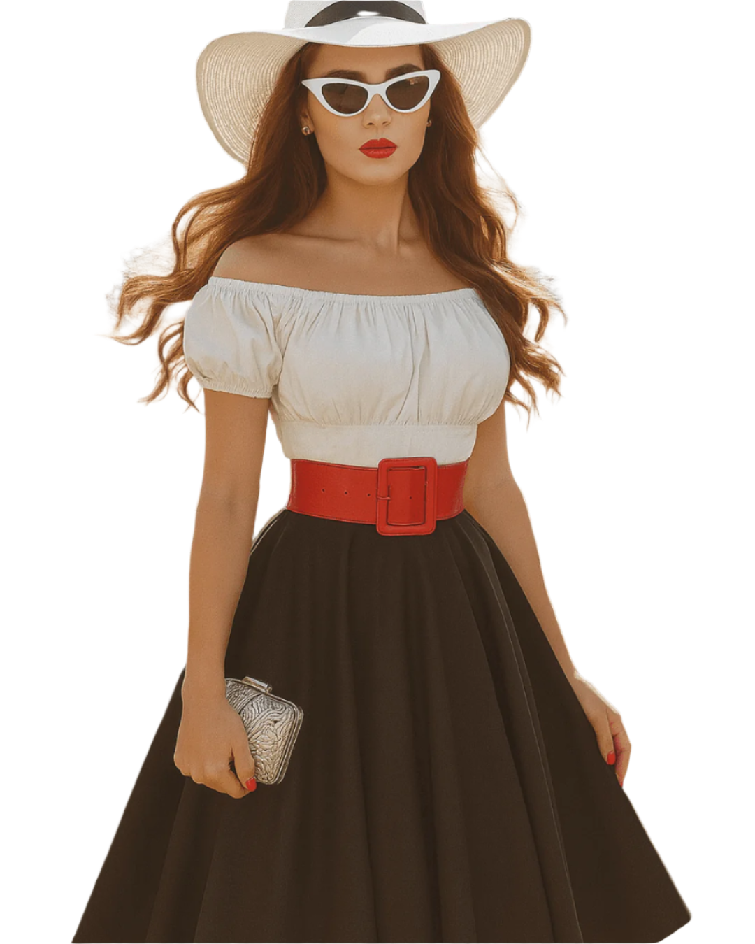 Woman wearing a white top, brown skirt, red belt, and white hat on a white background