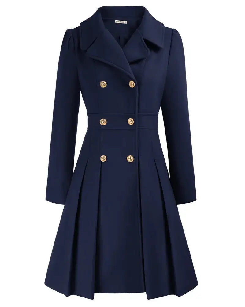 Women's navy double-breasted trench coat with gold buttons and flared skirt, ideal for autumn and winter.