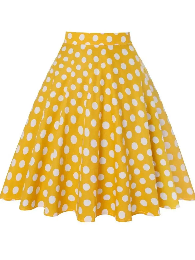 Yellow polka dot flared skirt in A-line silhouette, made of cotton and spandex, perfect for vintage-inspired outfits.