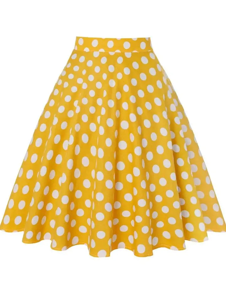 Yellow polka dot flared skirt in A-line silhouette, made of cotton and spandex, perfect for vintage-inspired outfits.