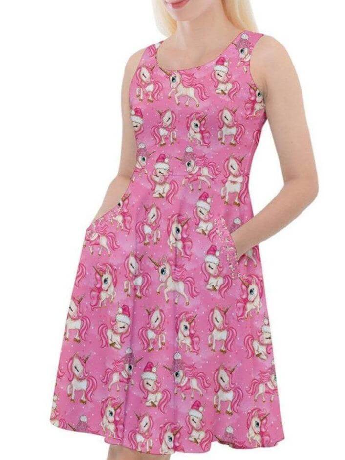 CHRISTMAS UNICORNS Knee Length Skater Dress With Pockets