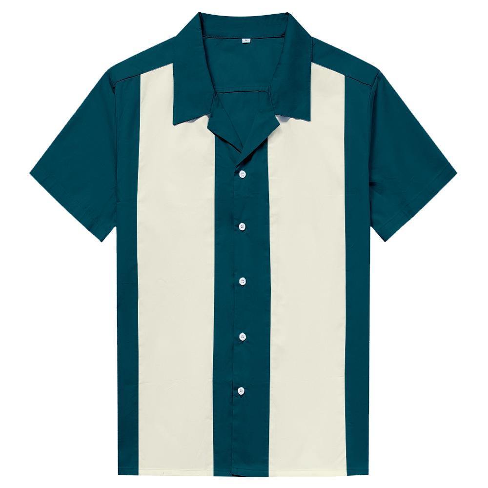 Mens Vintage Style Bowling Dress Shirt - TEAL/IVORY